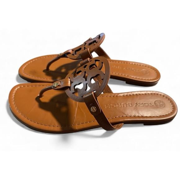 Tory Burch Miller Tan Leather Sandals, Classic Logo Medallion, Women's Size 9 - Picture 3 of 6
